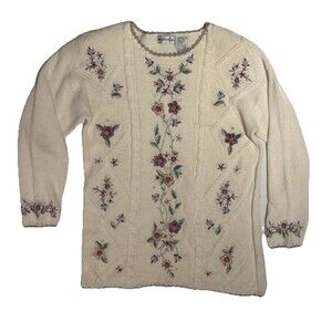 Vintage Ivory Women's Sweater Knit Floral Embroidered Scalloped Hem SM Cottage